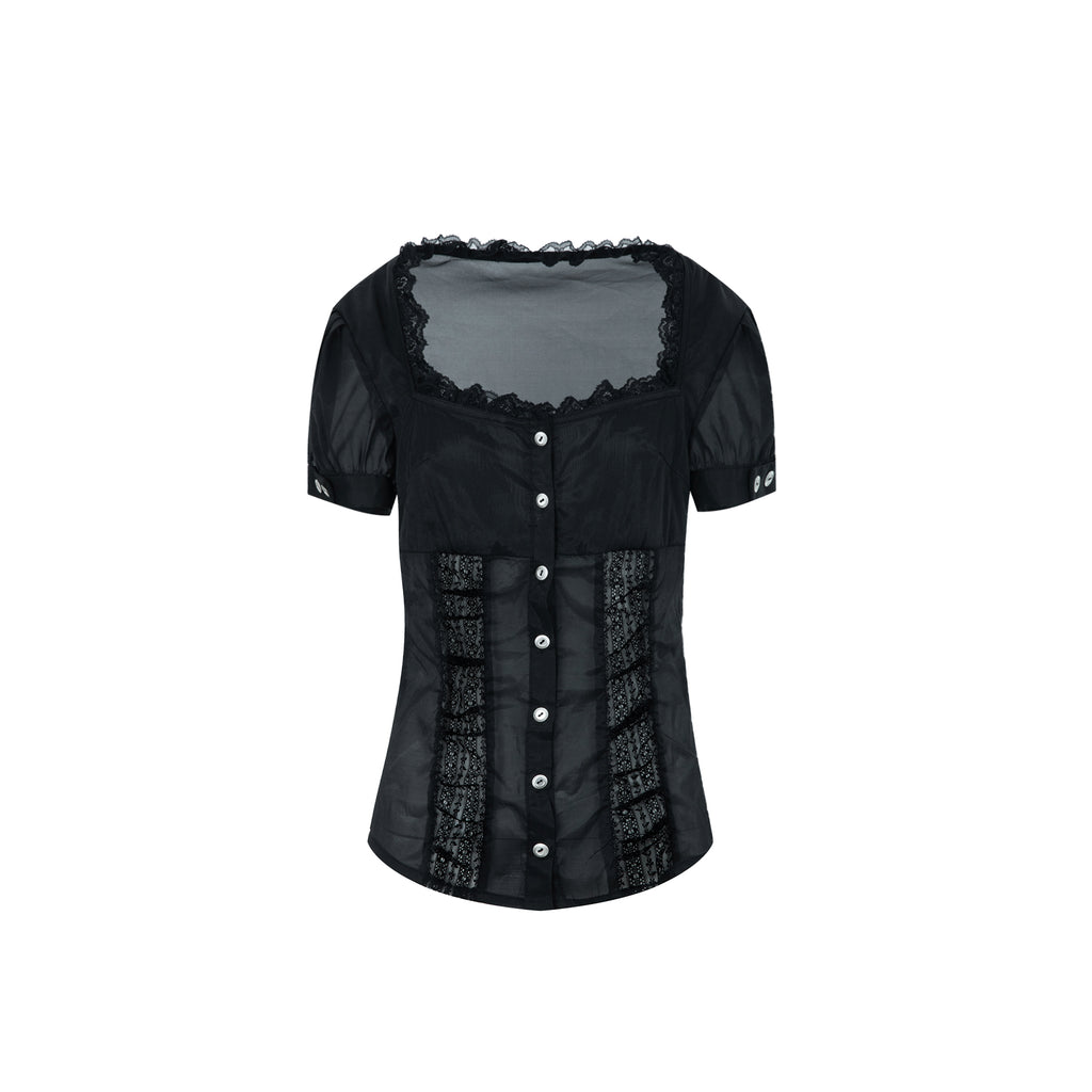 Square-Neck Lace Trim Puff Sleeve Blouse