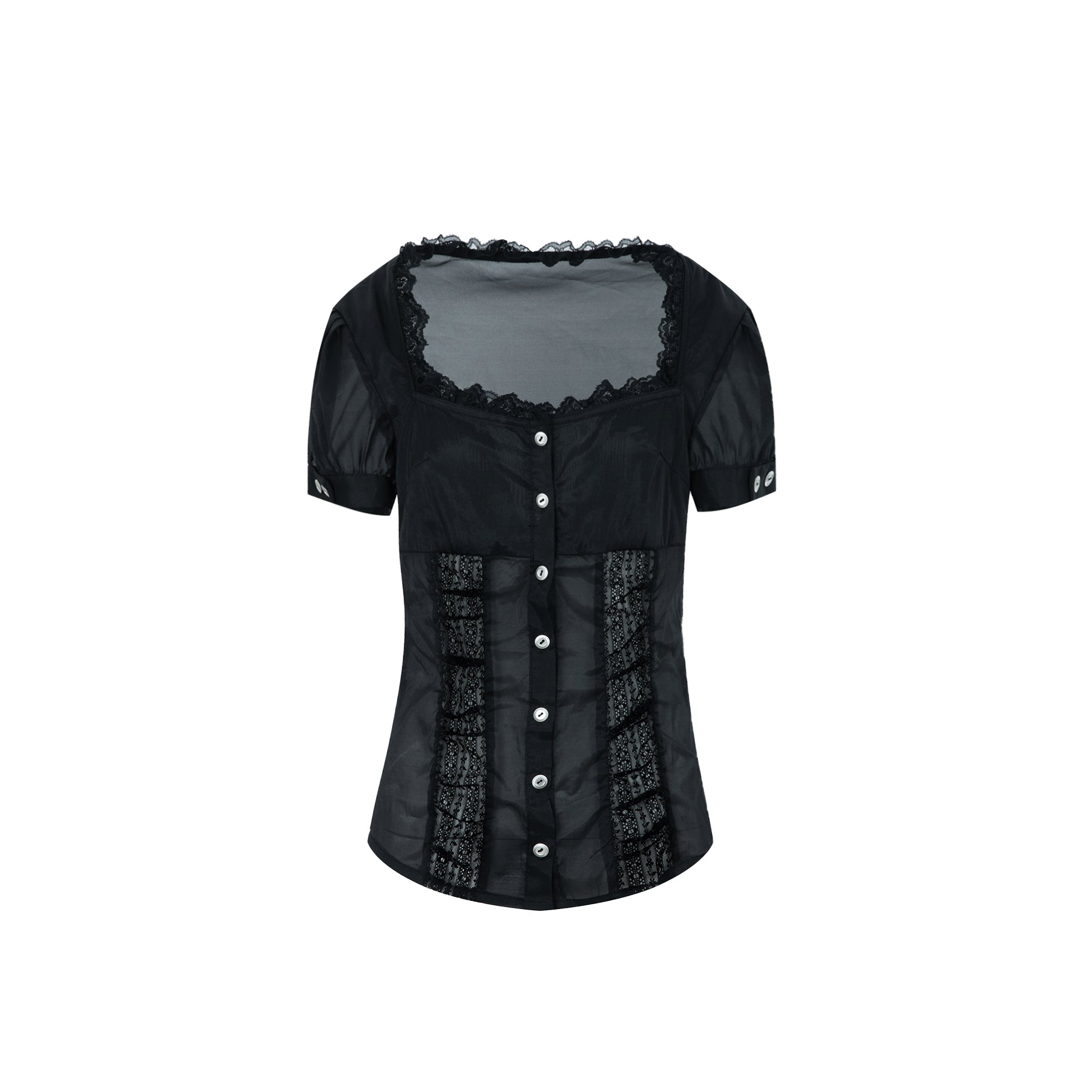 Square-Neck Lace Trim Puff Sleeve Blouse