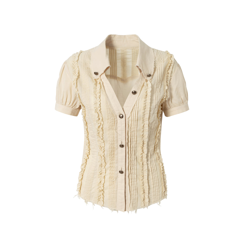 Lace V-Neck Puff Short/Long Sleeve Shirt