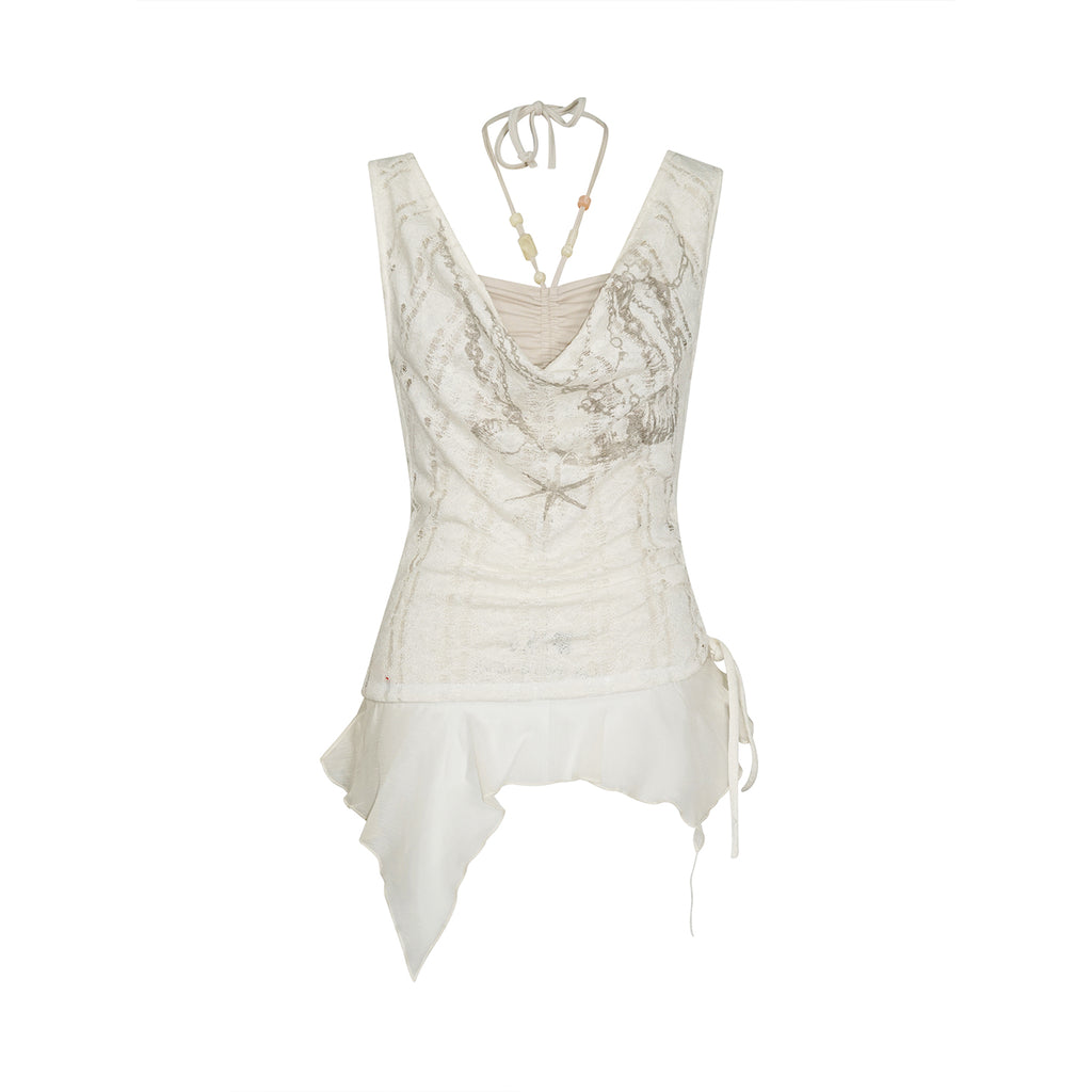 Beaded Chiffon Cut-Out Draped Neck Shell Top