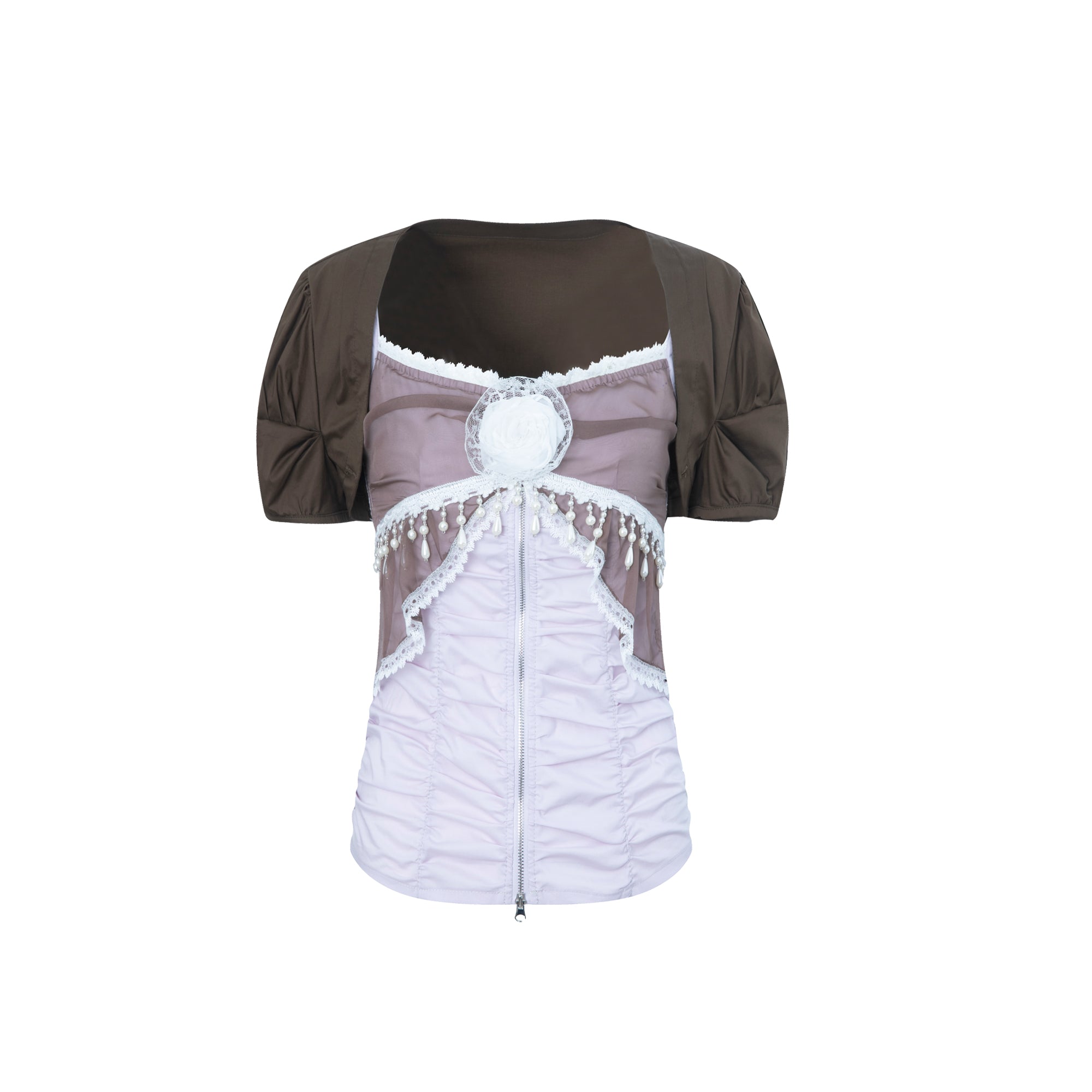 Puff Sleeve Chiffon Lace Camisole 2-Piece Set