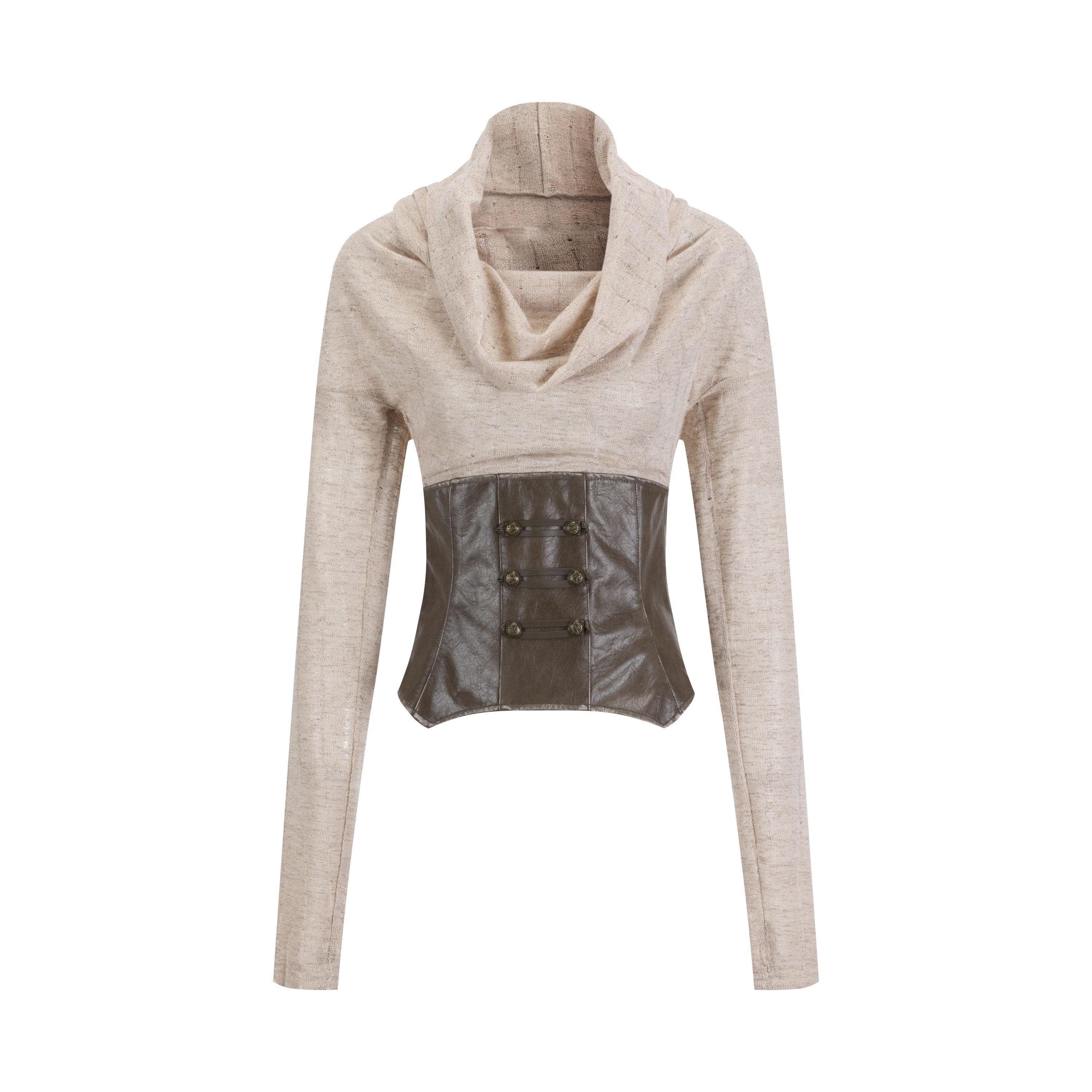 Leather Corset Striped Draped Knit Long Sleeve Tee