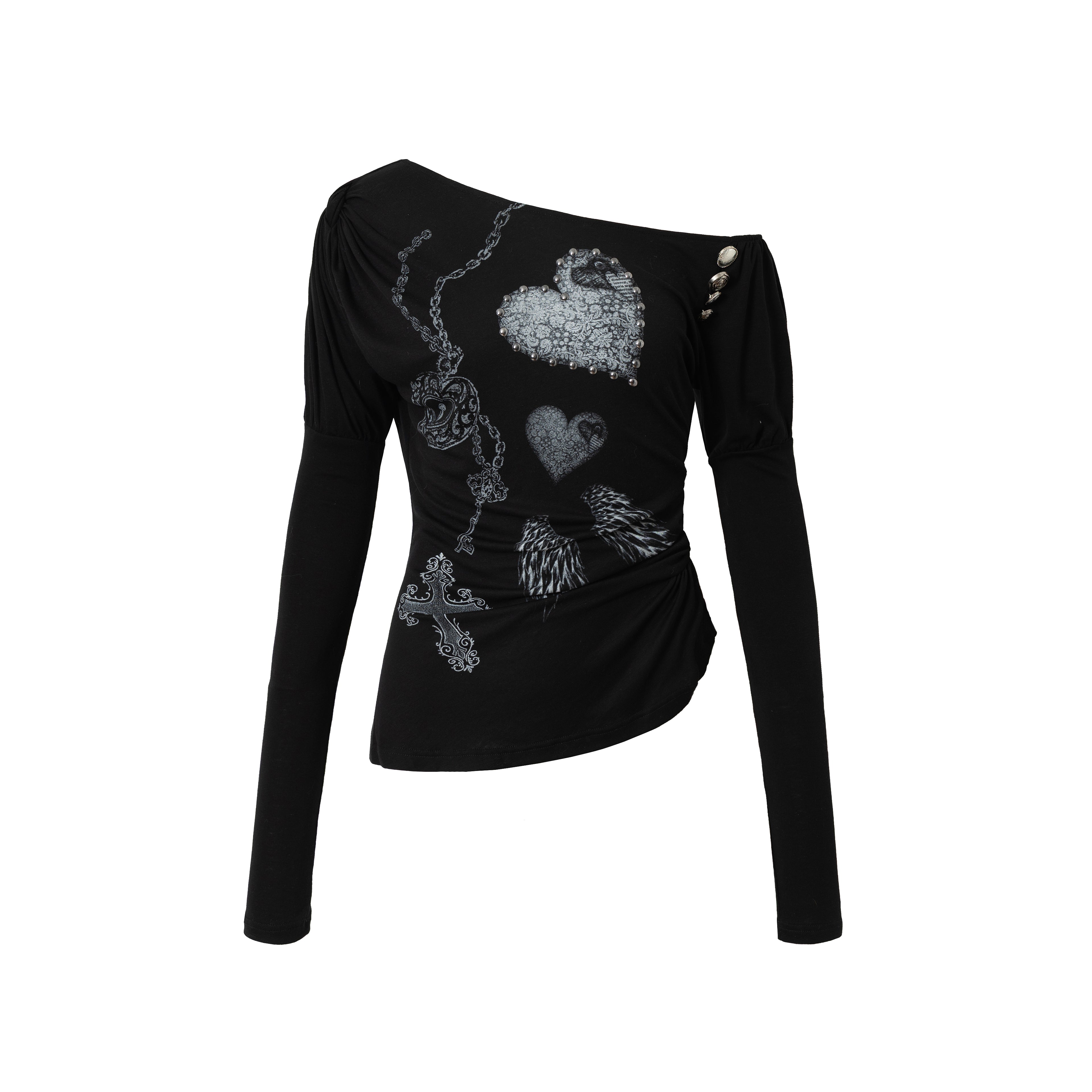 Baroque Puff Sleeve Asymmetric Slim Print Long Sleeve Tee