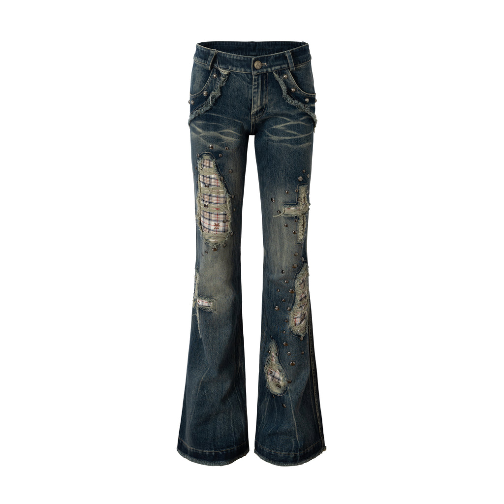 Checkered Patchwork Rhinestone Straight Slim Jeans