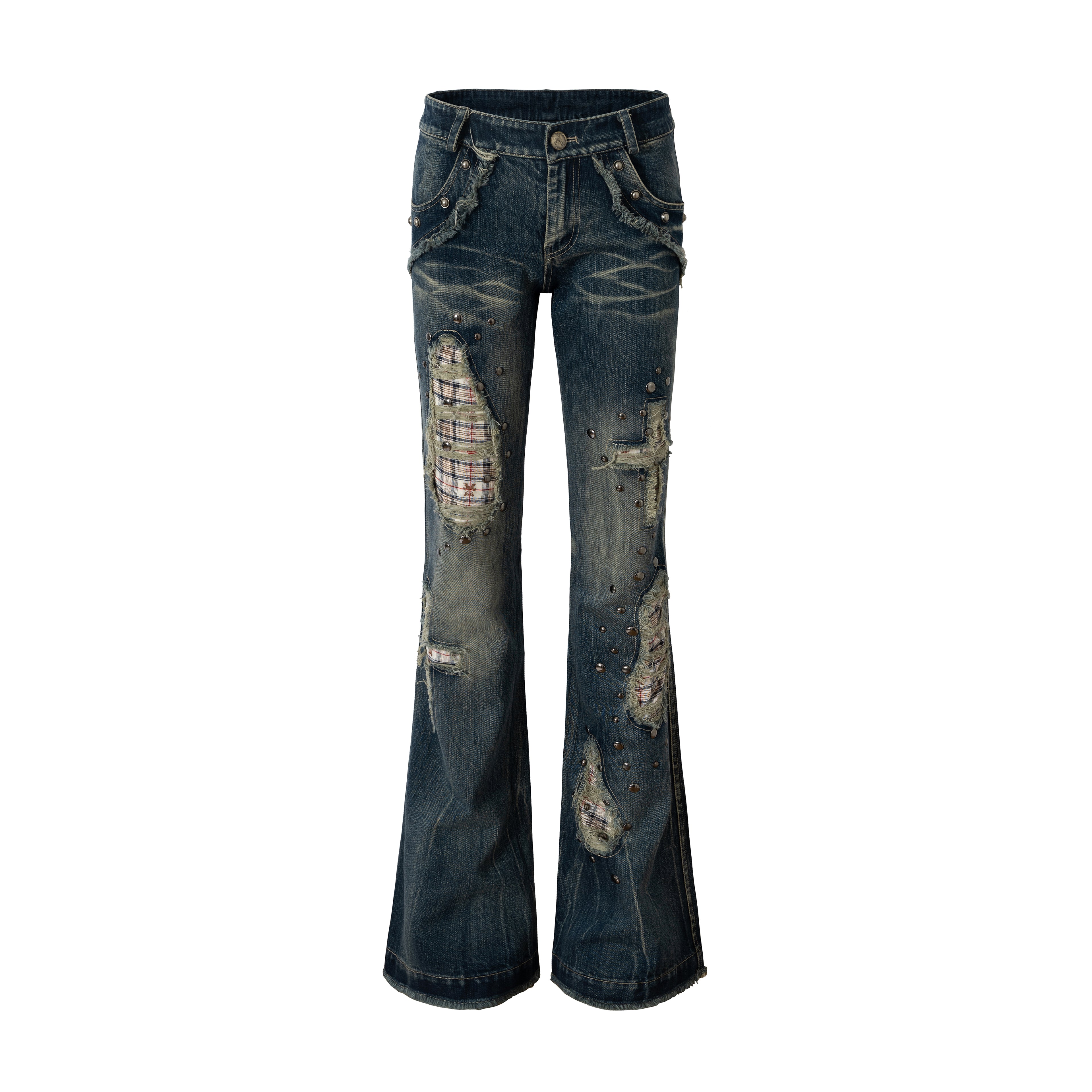 Checkered Patchwork Rhinestone Straight Slim Jeans