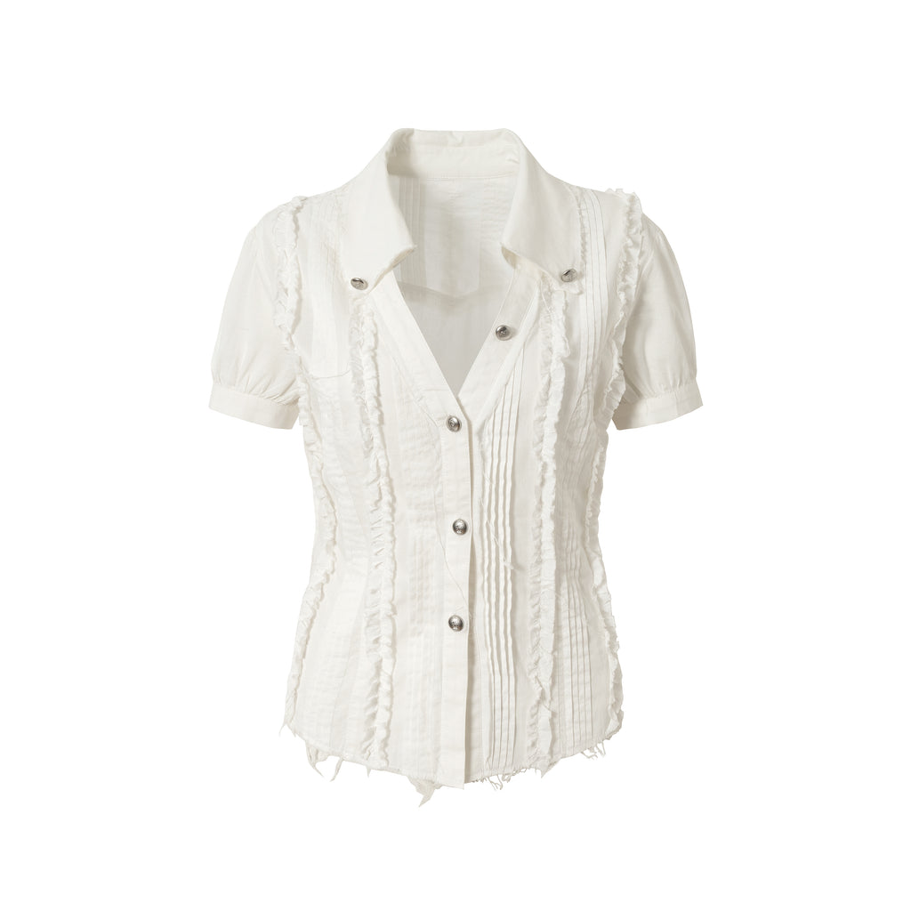 Lace V-Neck Puff Short/Long Sleeve Shirt